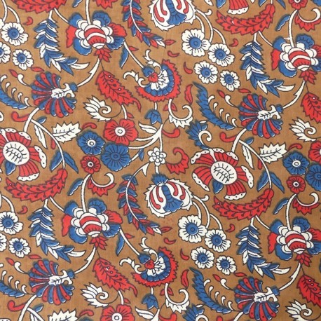 Coupon 3m Tissu Blockprint Impression Tampons Mains Fleur Fond Caramel