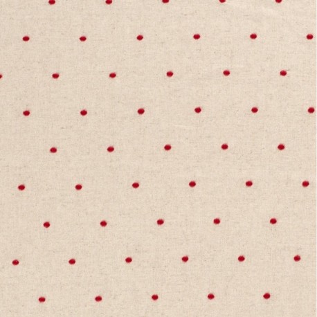 Coupon 3m Tissu Viscose Lin Brodé Pois Rouge 