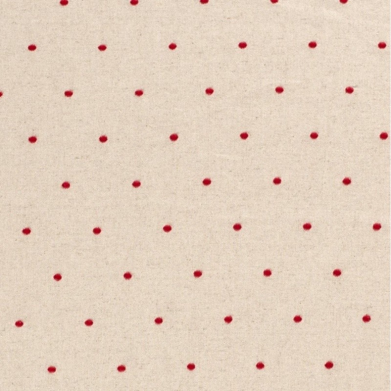 Coupon 3m Tissu Viscose Lin Brodé Pois Rouge 