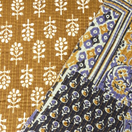 Coupon 3m Tissu Blockprint Imprimé Tampons Mains Matelassé Double Face Géométrique Jaune Bleu