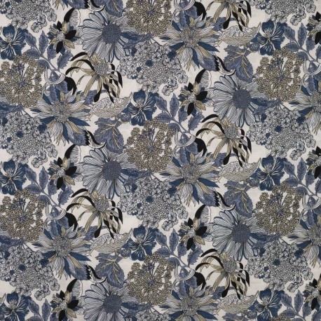 Coupon 3m Tissu Tencel Lin Imprimé Bleu