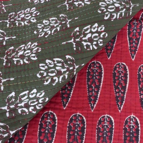 Coupon 3m Tissu Blockprint Imprimé Tampons Mains Matelassé Double Face Rouge Vert