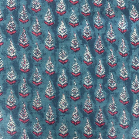 Coupon 3m Tissu Blockprint Impression Tampons Mains Feuille Fond Bleu