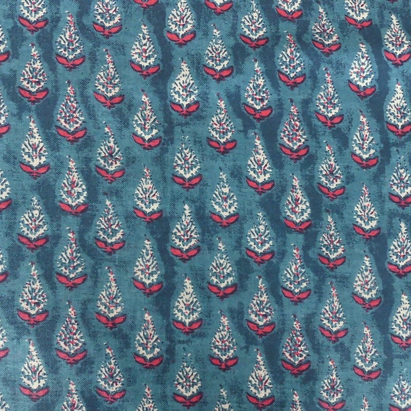 Coupon 3m Tissu Blockprint Impression Tampons Mains Feuille Fond Bleu