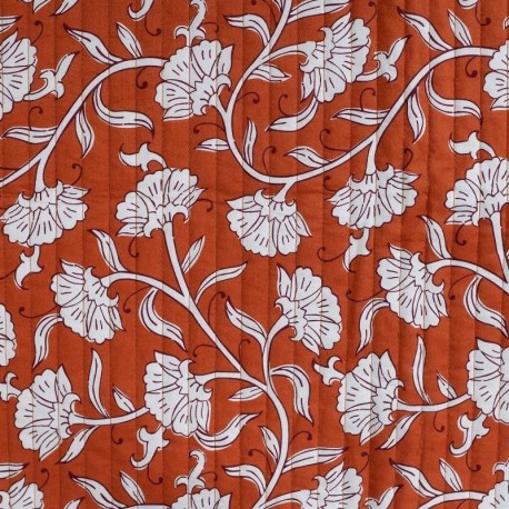 Coupon 3m Tissu Coton Matelassé Double Face Imprimé Fleurs Cognac 