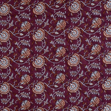 Coupon 3m Tissu Coton Matelassé Double Face Imprimé Fleurs Cognac