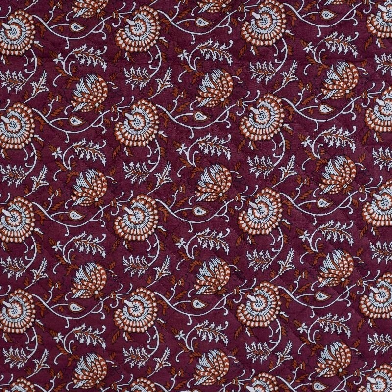 Coupon 3m Tissu Coton Matelassé Double Face Imprimé Fleurs Cognac