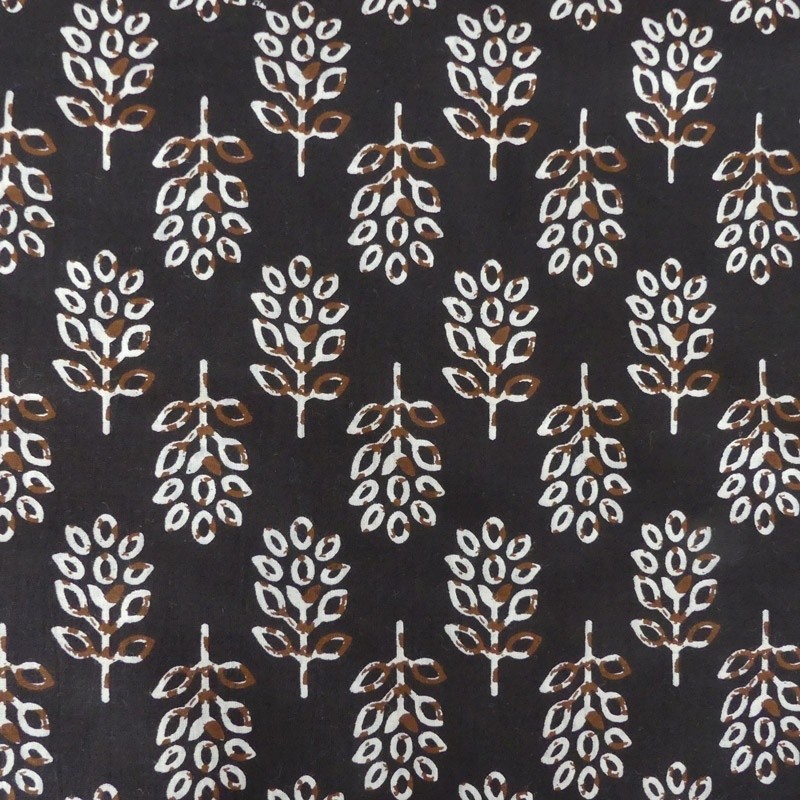 Coupon 3m Tissu Blockprint Impression Tampons Mains Feuille Fond Noir