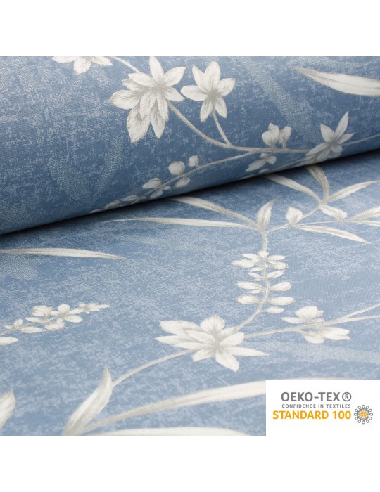 Tissu demi natté coton imprimé Fleurs bleu