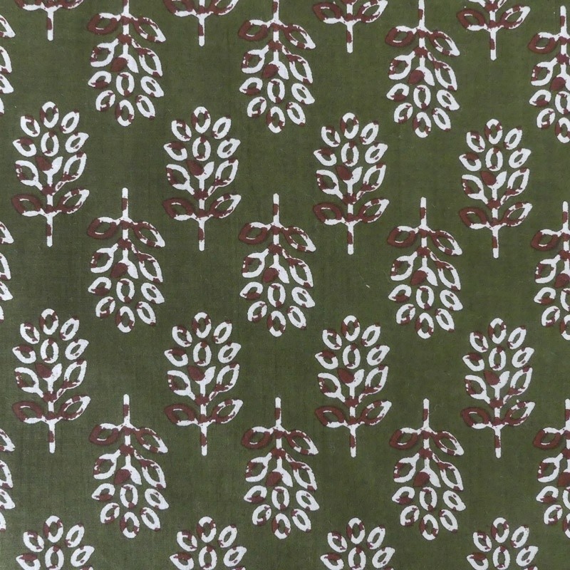 Coupon 3m Tissu Blockprint Impression Tampons Mains Feuille Fond Vert