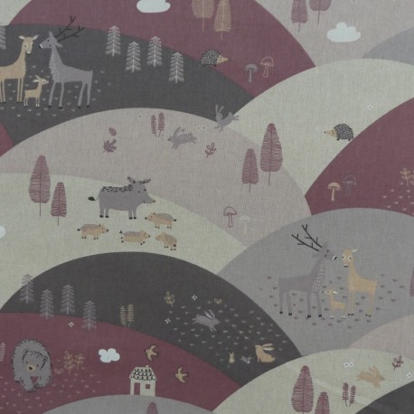 Coupon 3m Tissu Animaux de la Forêt Fond Coloris Lin 