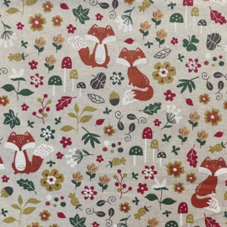 Coupon 3m Tissu Renard Des Bois Fond Coloris Lin 