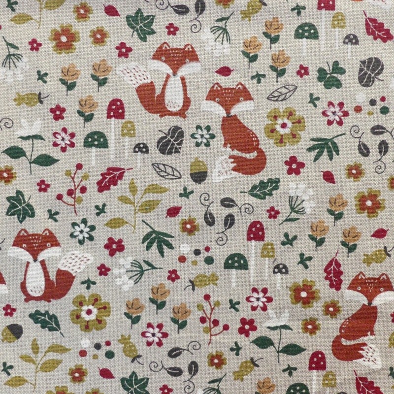 Coupon 3m Tissu Renard Des Bois Fond Coloris Lin 