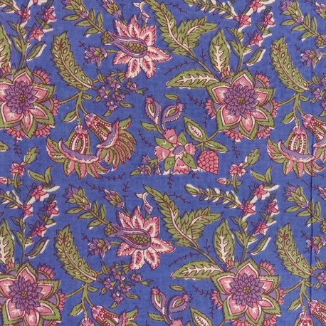 Coupon 3m Tissu Blockprint Impression Tampons Mains Floral Fond Bleu