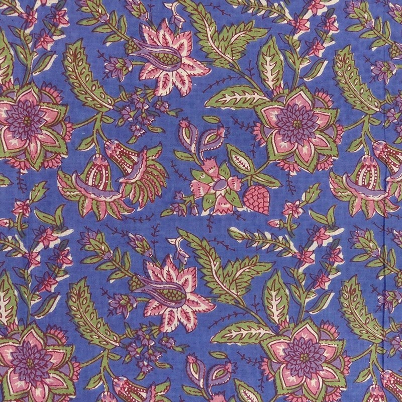Coupon 3m Tissu Blockprint Impression Tampons Mains Floral Fond Bleu