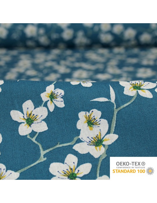 Tissu cretonne imprimé fleurs bleu