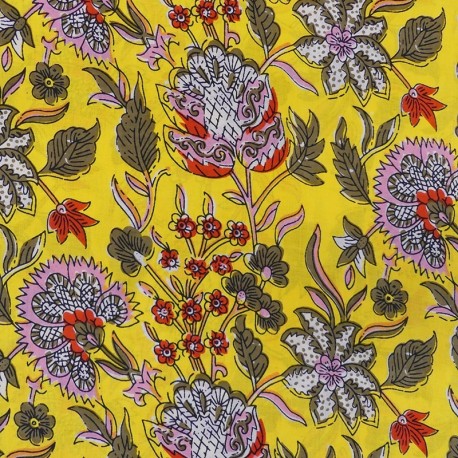 Coupon 3m Tissu Blockprint Impression Tampons Mains Floral Fond Jaune