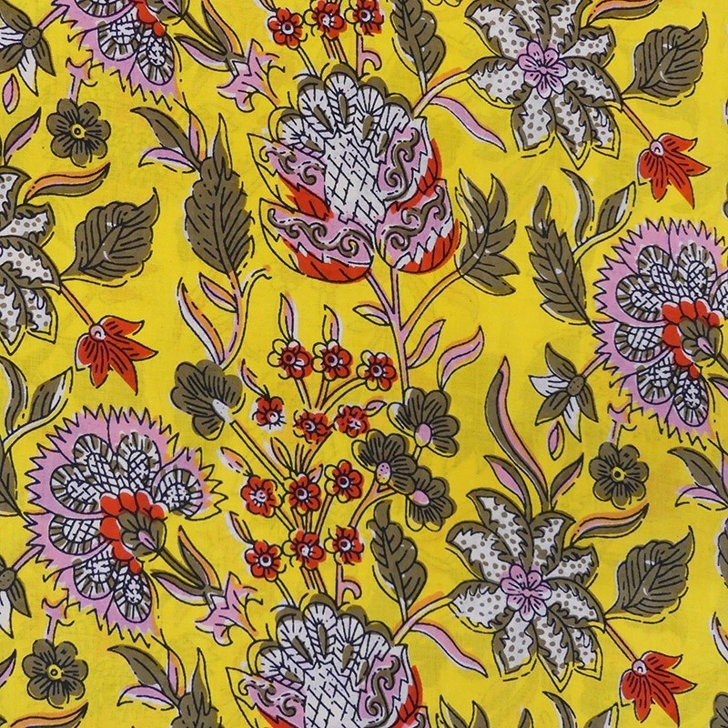 Coupon 3m Tissu Blockprint Impression Tampons Mains Floral Fond Jaune
