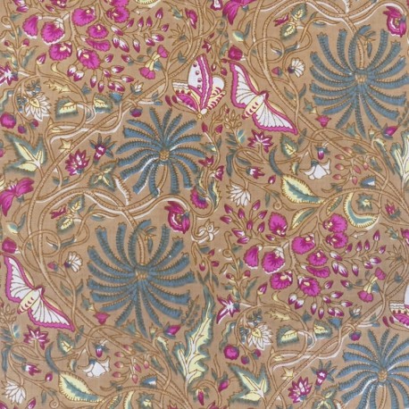Coupon 3m Tissu Blockprint Impression Tampons Mains Végétal Fond Marron Clair