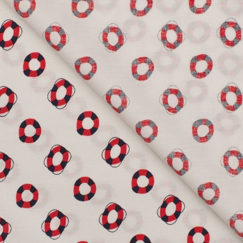 Coupon 3m Tissu Popeline Coton Imprimé Bouée Blanc