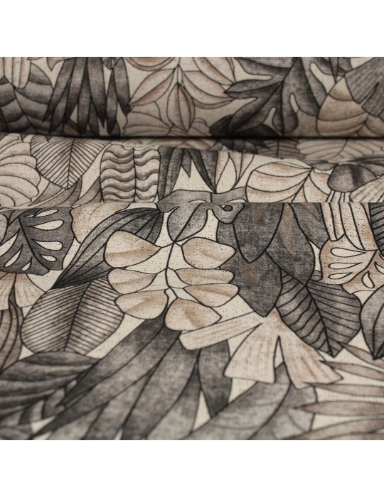 Tissu bachette imprimé végétaux 100 % coton 140 cm gris