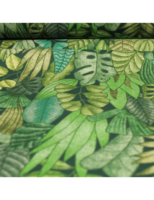 Tissu bachette imprimé végétaux 100 % coton 140 cm vert