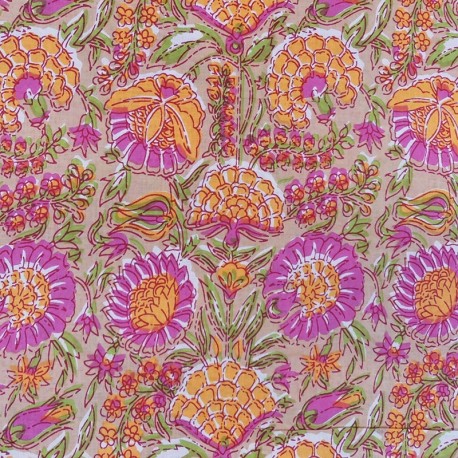Coupon 3m Tissu Blockprint Impression Tampons Mains Flroal Rose Fond Marron Clair