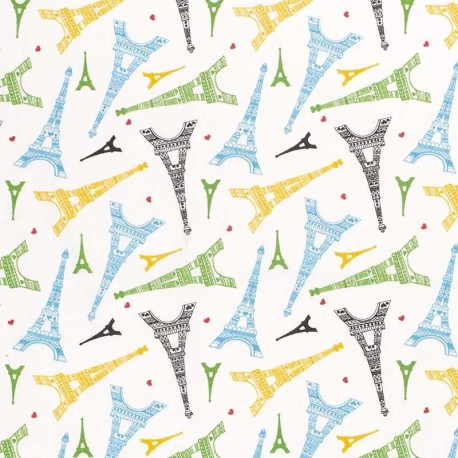 Coupon 3m Tissu Popeline de Coton Imprimé Tour Eiffel Blanc