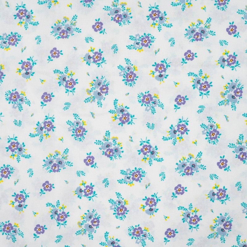 Coupon 3m Tissu Popeline Imprimé Fleurs Bleu
