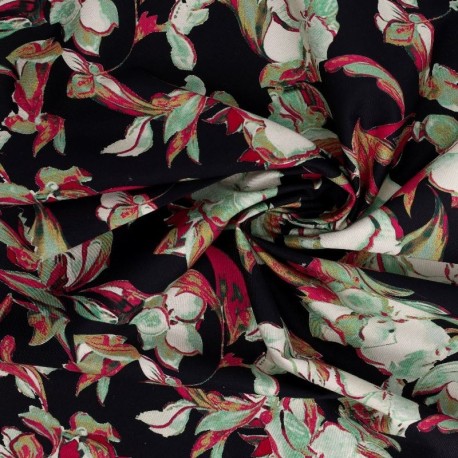 Coupon 3m Tissu Popeline de Coton Impression Digitale Floral Fond Noir
