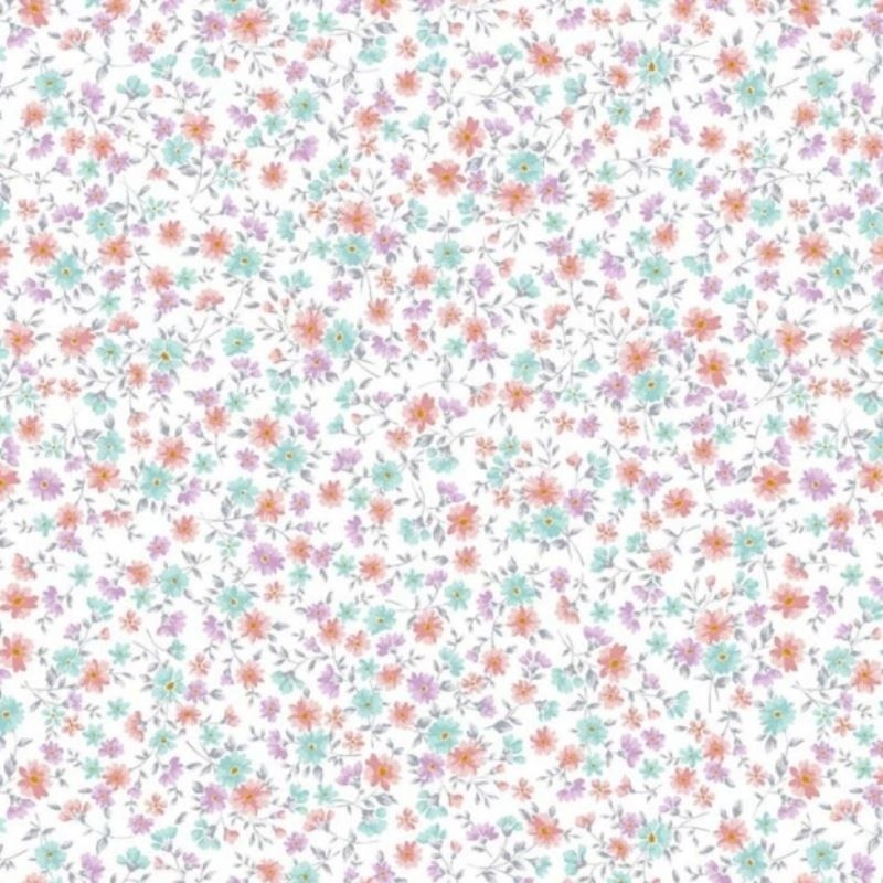 Coupon 3m Tissu Popeline Imprimé Fleurs Turquoise
