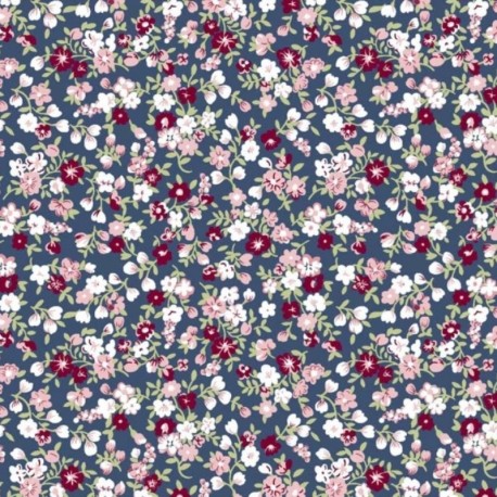 Coupon 3m Tissu Popeline Imprimé Fleurs Marine
