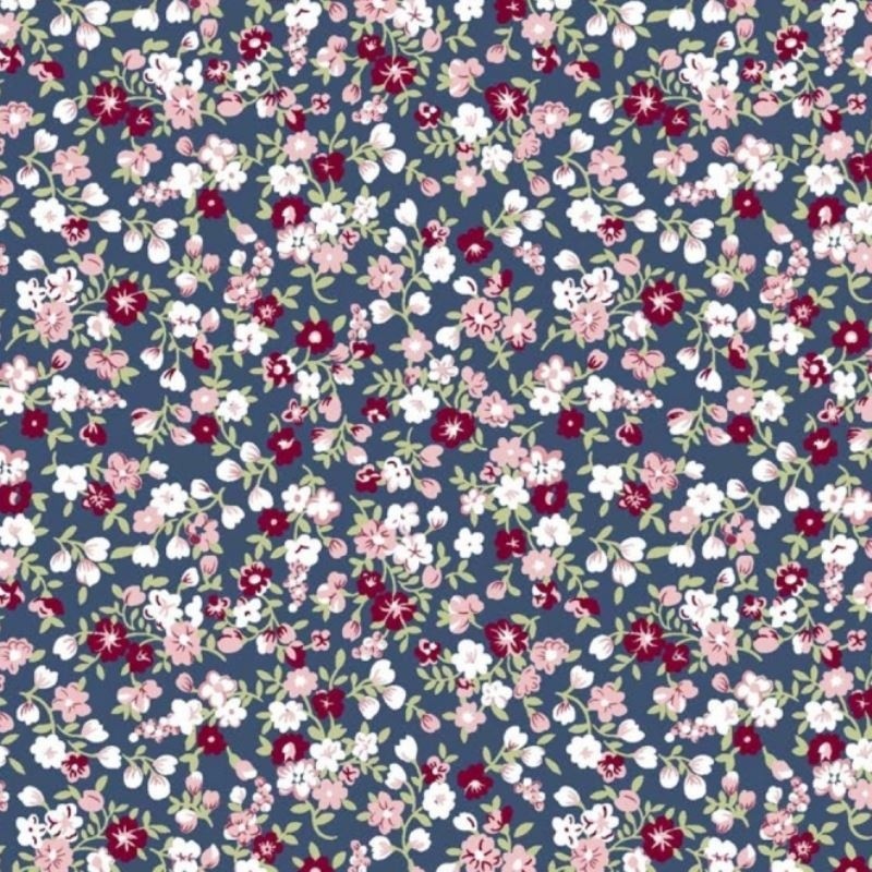 Coupon 3m Tissu Popeline Imprimé Fleurs Marine