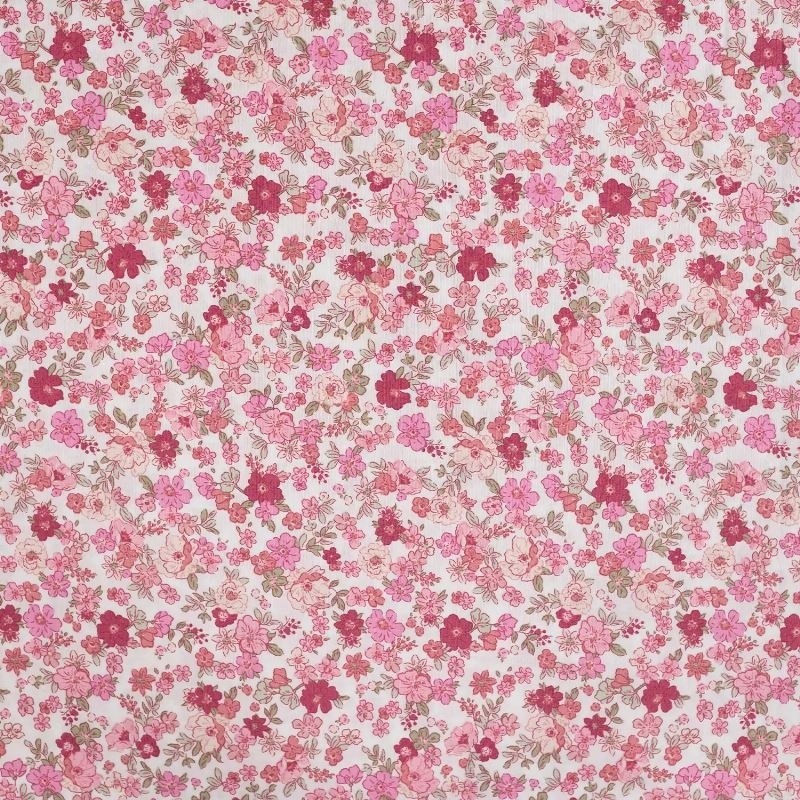 Coupon 3m Tissu Popeline de Coton Imprimé Fleurs Rose 
