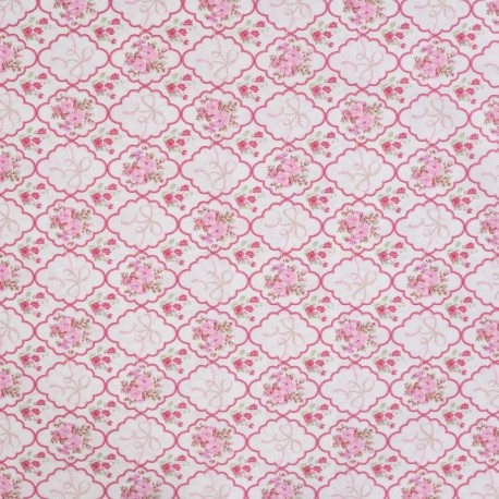 Coupon 3m Tissu Popeline de Coton Imprimé Fleurs Rose