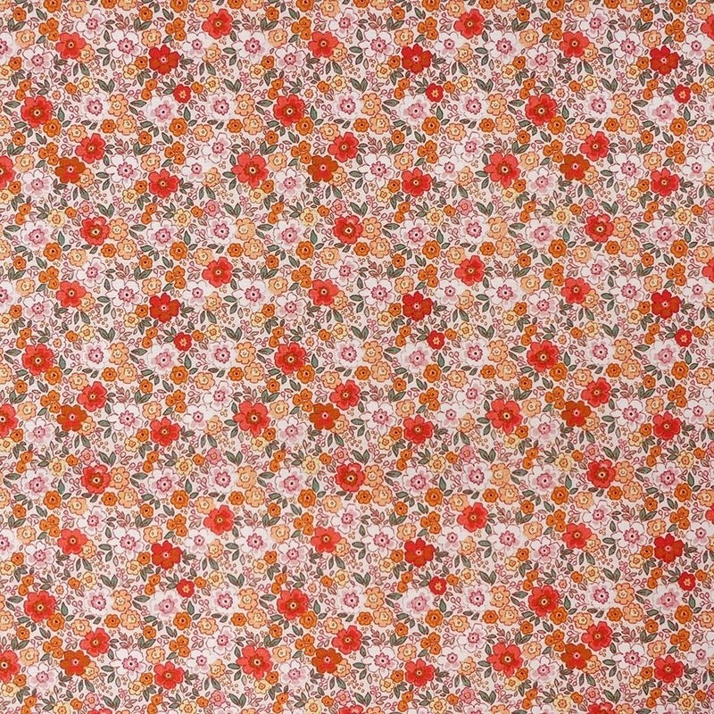Coupon 3m Tissu Popeline Fleurs Rouge Orange