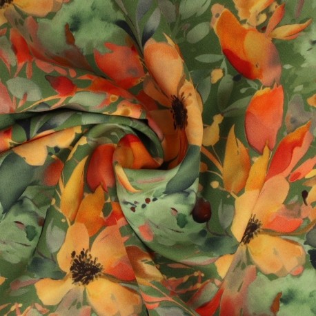 Coupon 3m Tissu Popeline De Viscose Imprimée Floral Jaune et Vert