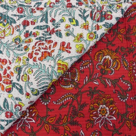 Coupon 3m Tissu Blockprint Imprimé Tampons Mains Matelassé Double Face Floral Blanc et Rouge