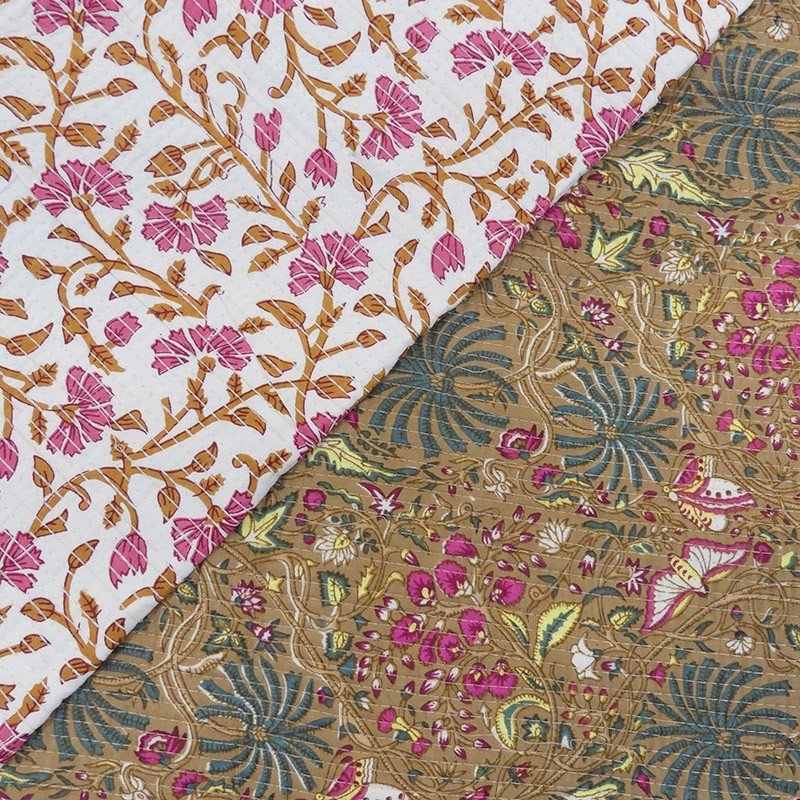 Coupon 3m Tissu Blockprint Imprimé Tampons Mains Matelassé Double Face Floral Blanc et Marron Clair