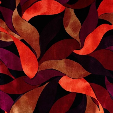 Coupon 3m Tissu Satin de Viscose Imprimé Feuilles Rouge orange 