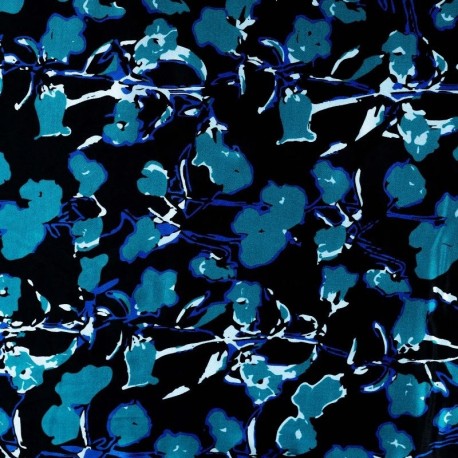 Coupon 3m Tissu Satin de Viscose Imprimé Fleurs Bleu 
