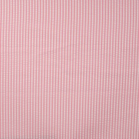 Coupon 3m Tissu Poly Coton Seersucker Rayure Rose Clair