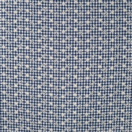 Coupon 3m Tissu Seersucker Brodé Bleu Marine