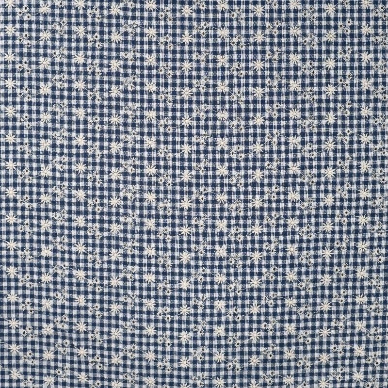 Coupon 3m Tissu Seersucker Brodé Bleu Marine