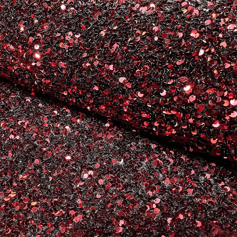 Coupon 3m Tissu Velours Sequin Rouge Bordeaux 