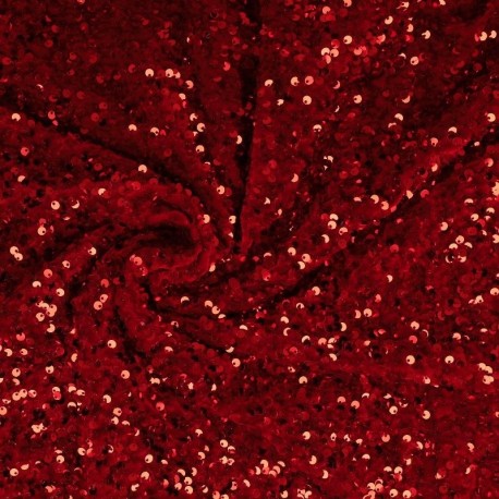 Coupon 3m Tissu Sequins Sur Velours Rouge 