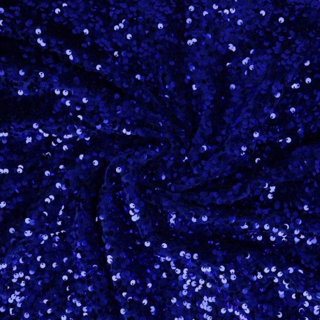 Coupon 3m Tissu Sequins Sur Velours Bleu 