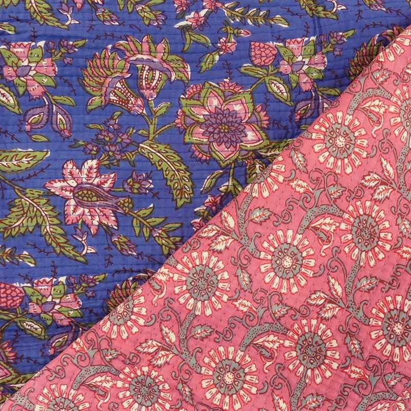 Coupon 3m Tissu Blockprint Imprimé Tampons Mains Matelassé Double Face Floral Bleu et Rose