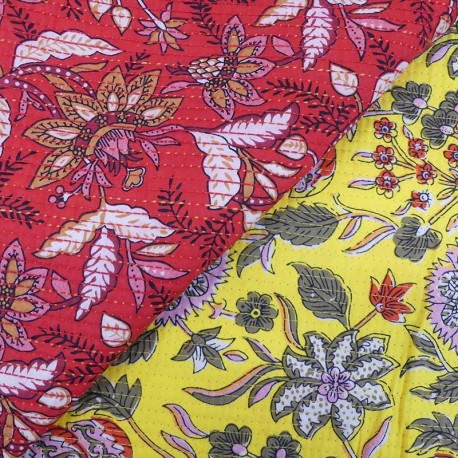 Coupon 3m Tissu Blockprint Imprimé Tampons Mains Matelassé Double Face Floral Rouge et Jaune