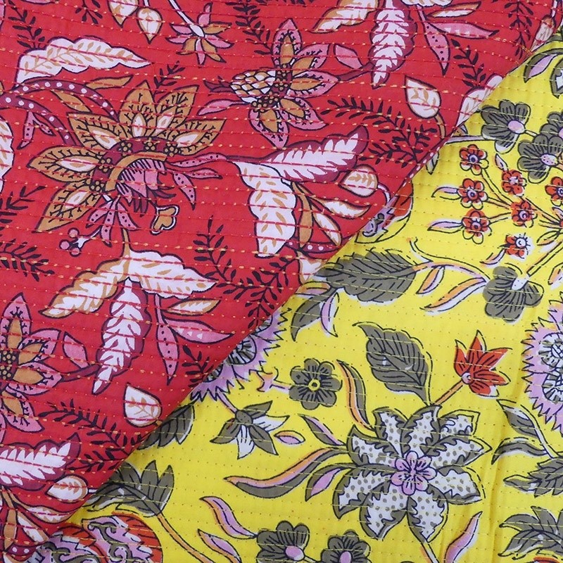 Coupon 3m Tissu Blockprint Imprimé Tampons Mains Matelassé Double Face Floral Rouge et Jaune